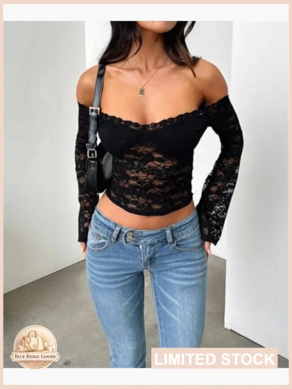Off Shoulder Floral Lace Crop Top Long Sleeve See Through Backless Going Out - Picture 5 of 7